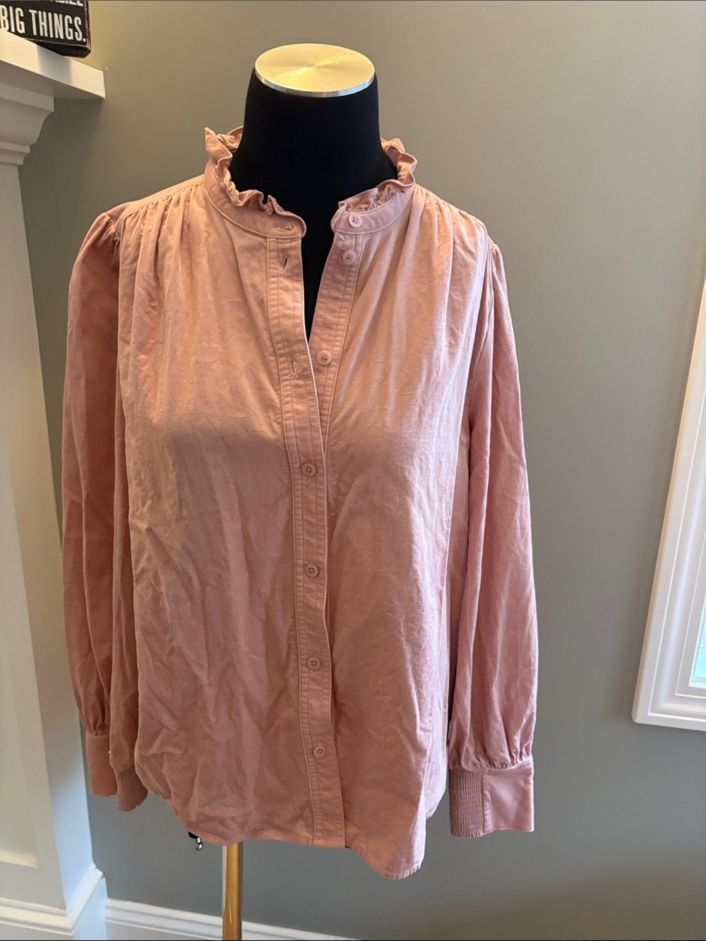 ME+EM Micro Cord Super Soft Pink Ruffle-Neck Button-Front Shirt - Picture 3 of 11